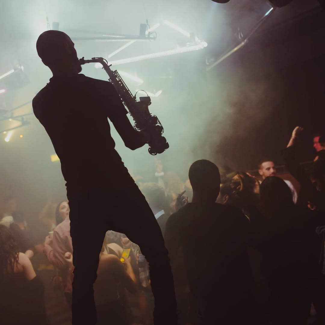 Victor Jazz full stage saxophone set at Cyprus wedding venue
