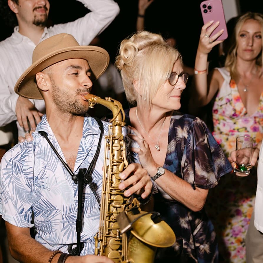 Victor Jazz entertaining wedding guests with live saxophone Cyprus