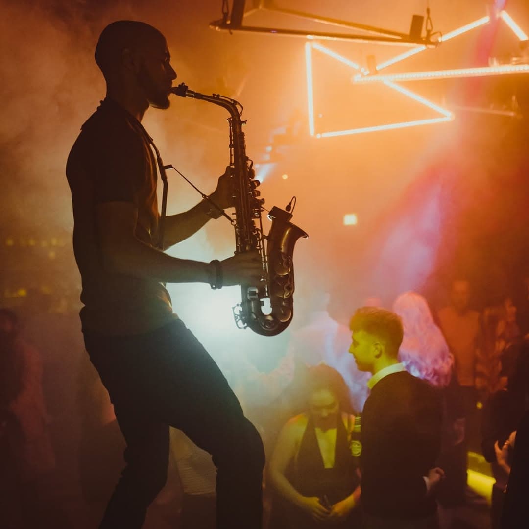 Victor Jazz live saxophone for the crowd at Cyprus wedding party