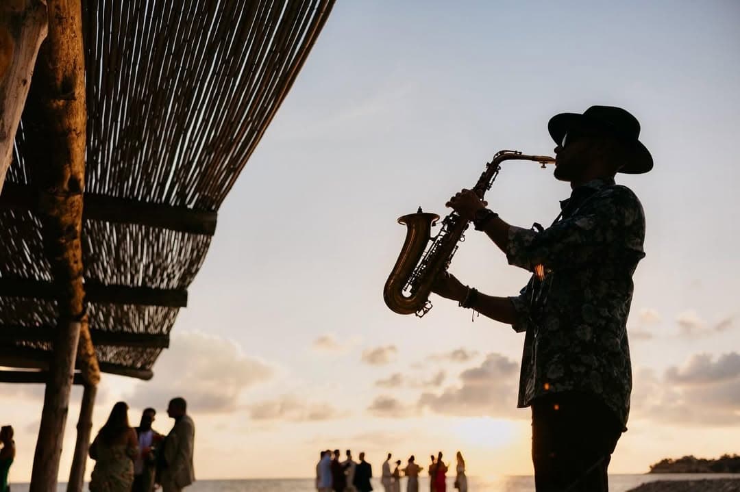 Victor Jazz panoramic stage saxophone performance at Cyprus wedding